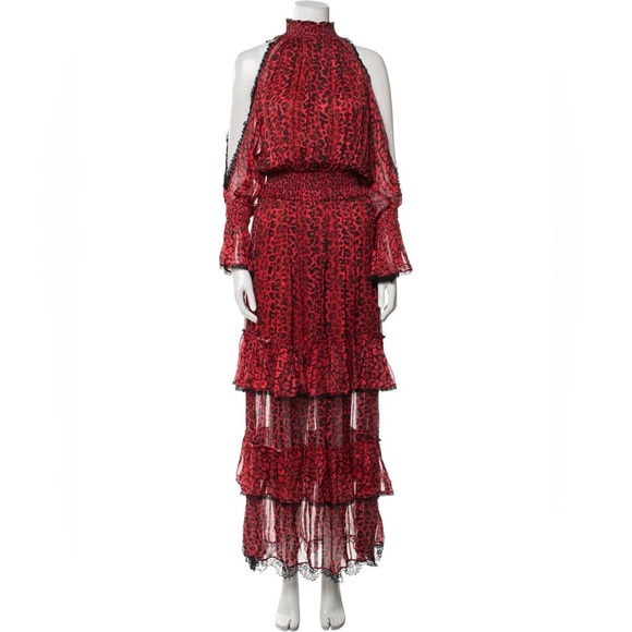 ROCOCO SAND Cold Shoulder Long Dress with ruffles in Red & Black size Medium - Picture 2 of 8